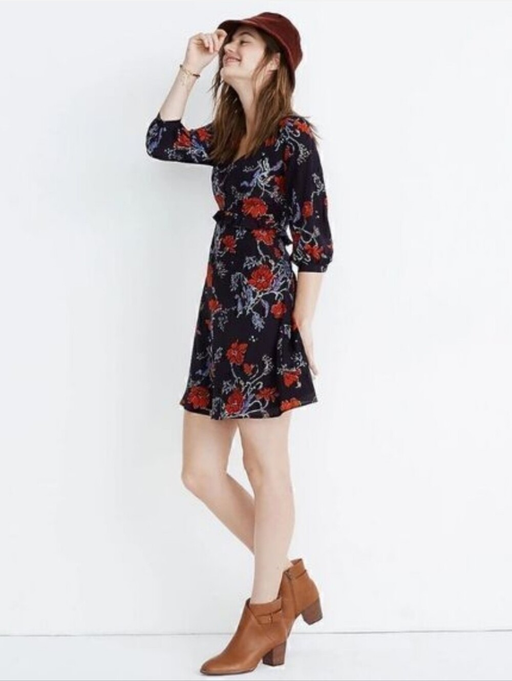 Madewell Sz 00 Navy Red Windblown Poppies 100% Silk Ruffle-Waist Mini Dress